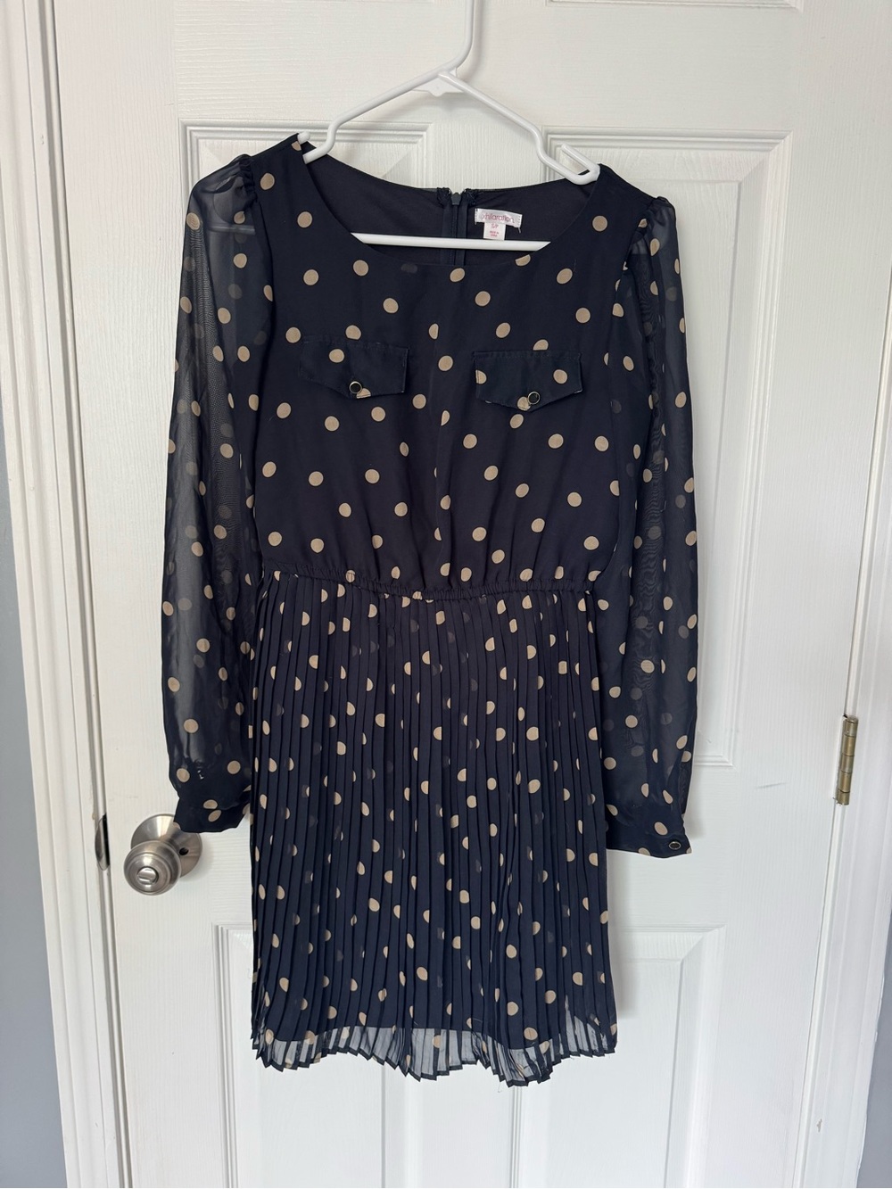 Xhilaration Navy Long-Sleeve Polka Dot Pleated Dress